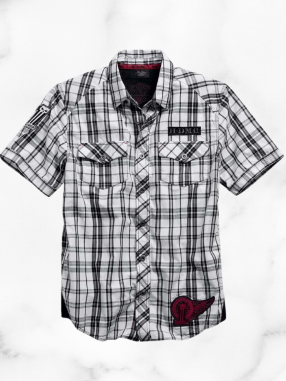 Mens Black and White Harley Davidson Snap Button Down Shirt